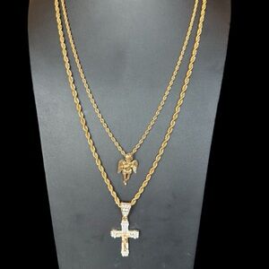 Akademiks Double Gold Tone Chain Praying Hands Angel Crucifix Cross Necklace